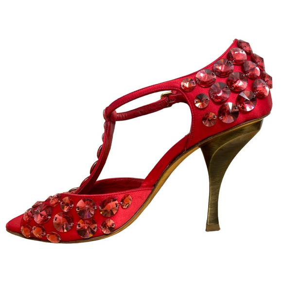 Miu Miu Prada Heels D'Orsay T Strap Jeweled Stiletto Peep Toe Silk Red 36.5 6.5 - Picture 5 of 11